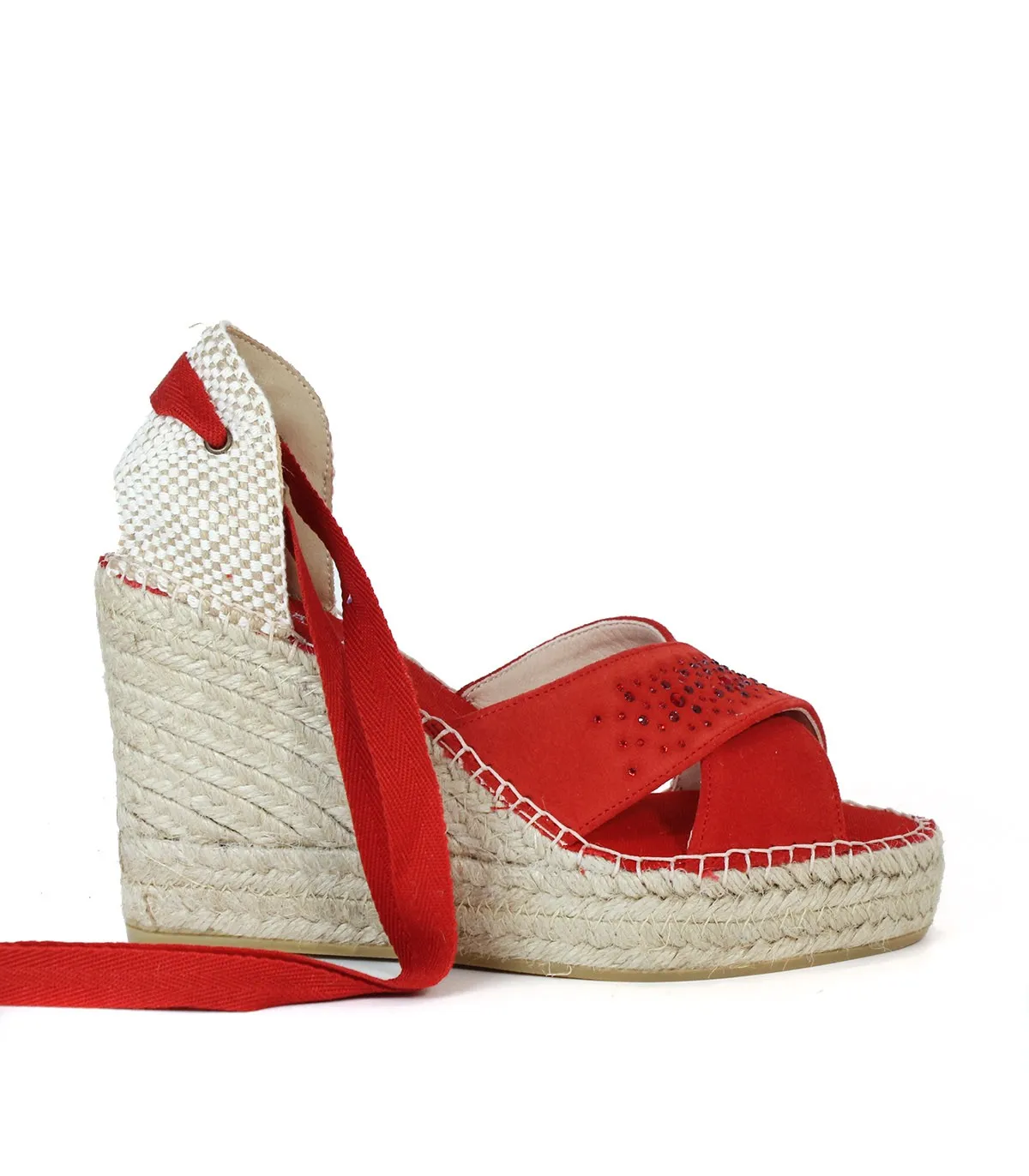 ALPARGATAS DE CUÑA EN SERRAJE CON CRISTALES ROJO MACARENA FLAVIA
