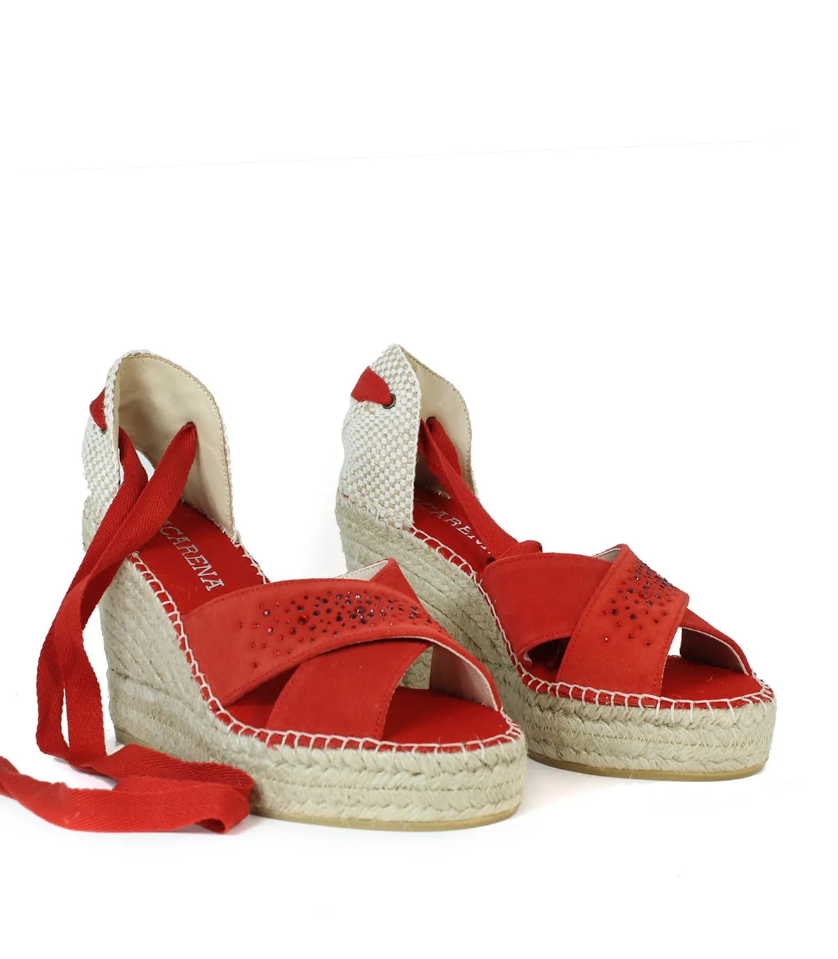 ALPARGATAS DE CUÑA EN SERRAJE CON CRISTALES ROJO MACARENA FLAVIA