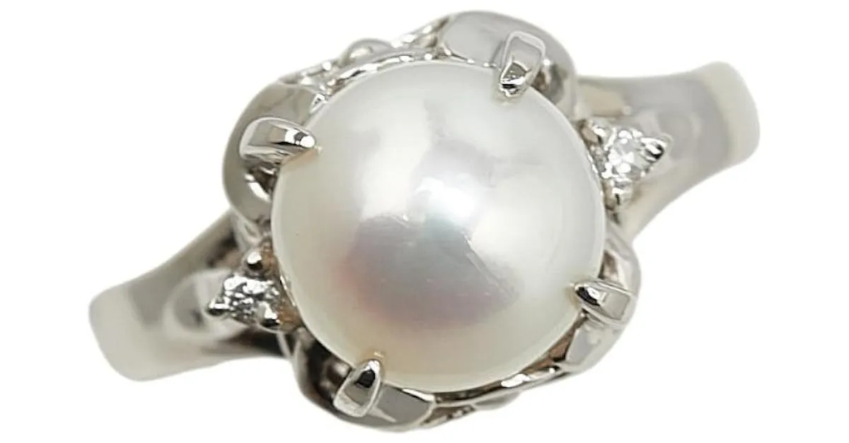 & Other Stories Anillo de platino Pt900 con perla de 3.8 mm y diamante de 0.02 ct en excelente estado Plata 