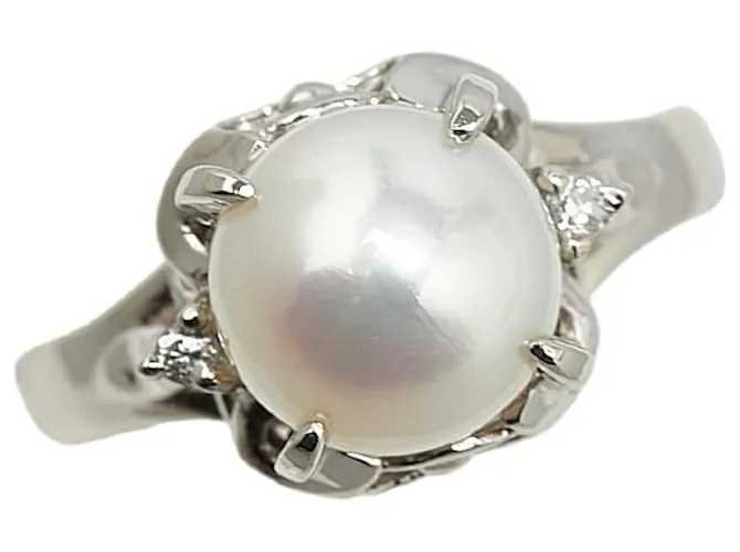 & Other Stories Anillo de platino Pt900 con perla de 3.8 mm y diamante de 0.02 ct en excelente estado Plata 
