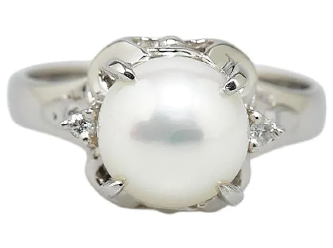 & Other Stories Anillo de platino Pt900 con perla de 3.8 mm y diamante de 0.02 ct en excelente estado Plata 