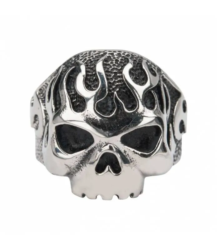 Anillo Acero Calavera Con Llamas Black Oxidixed Flamed Skull Ring FR645