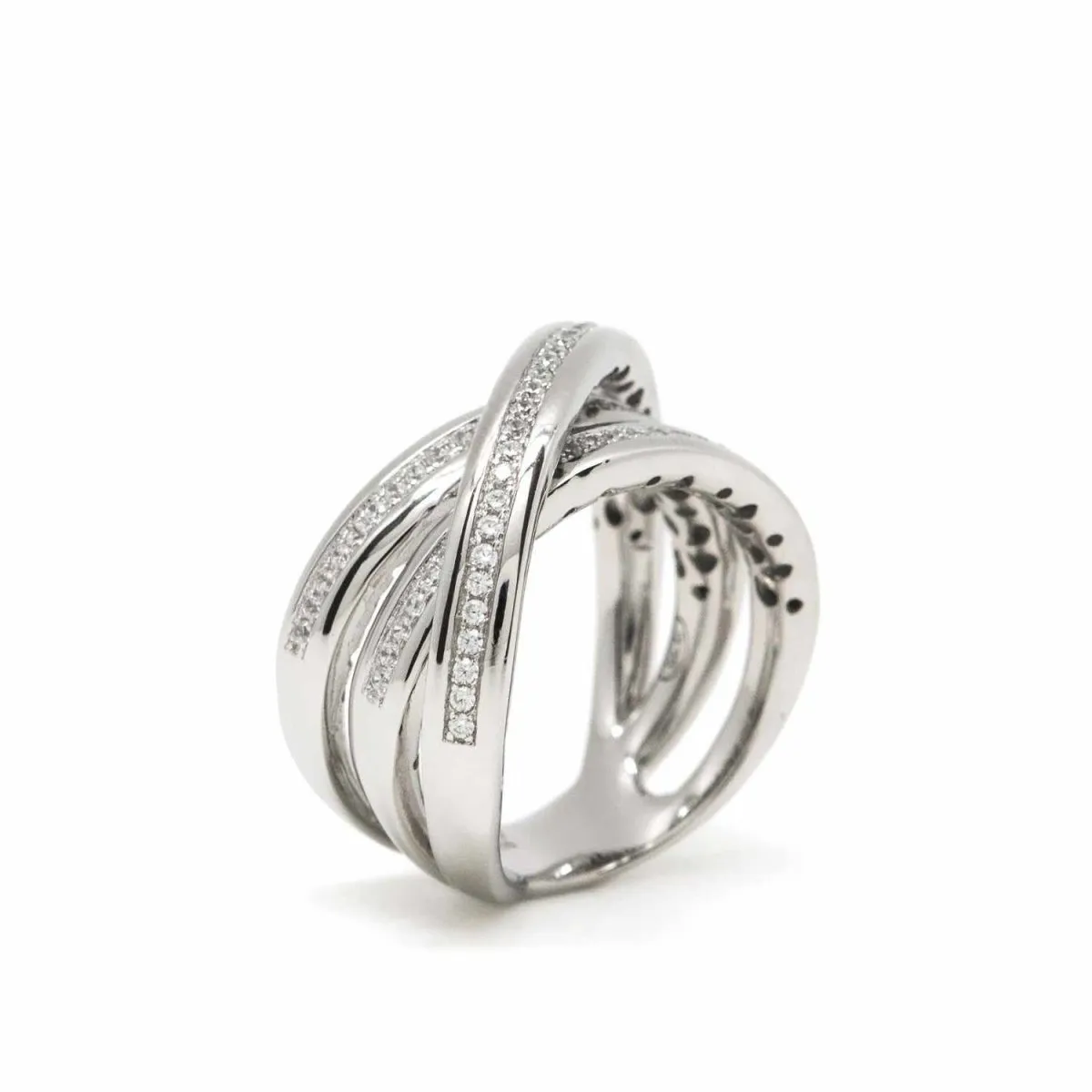 Anillo circonitas triple raíl cruzado