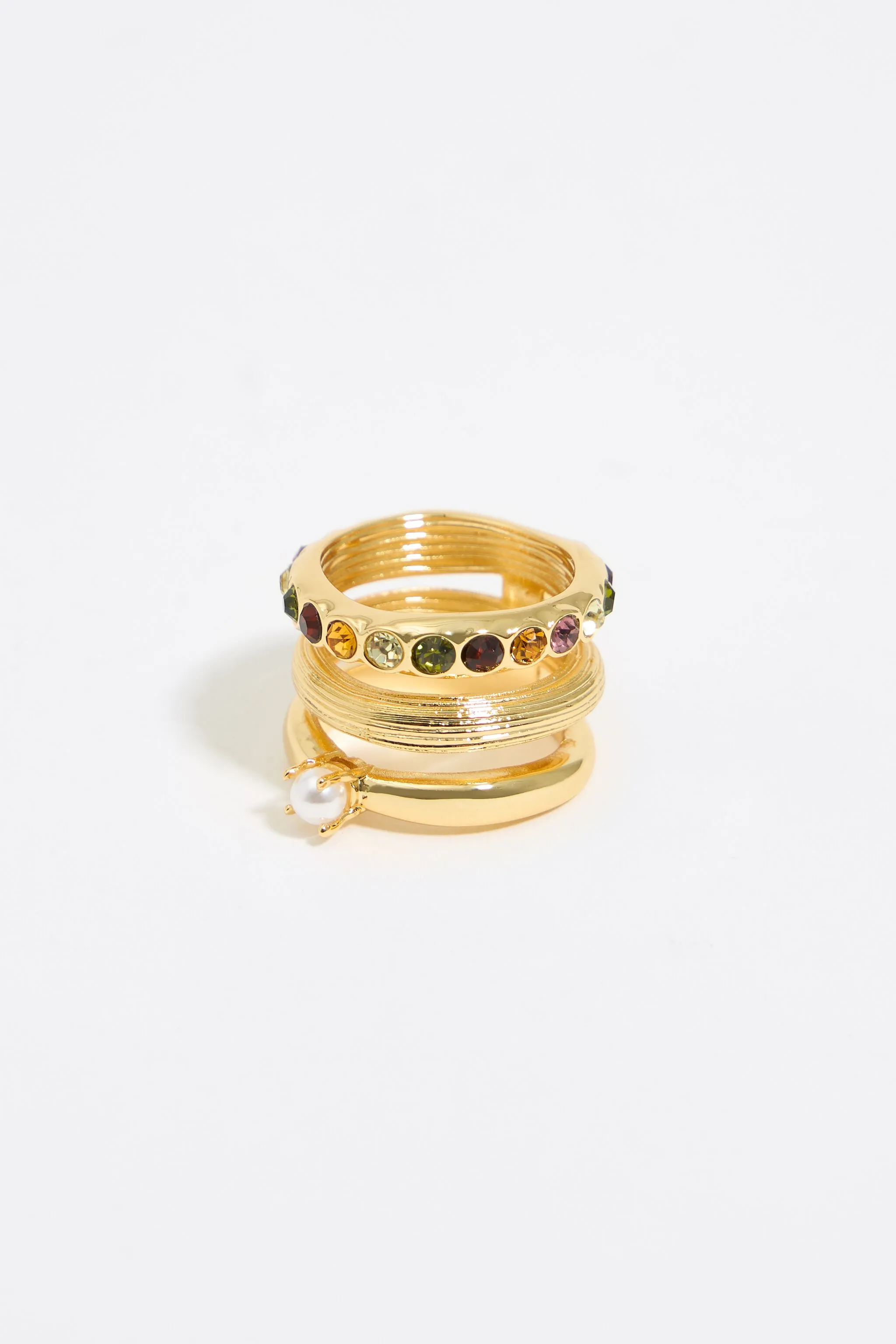 Anillo tres bandas perla y cristales dorado