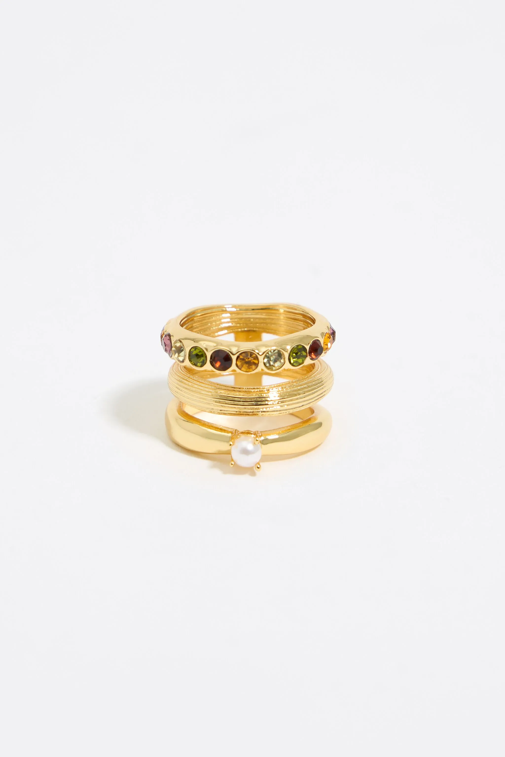Anillo tres bandas perla y cristales dorado