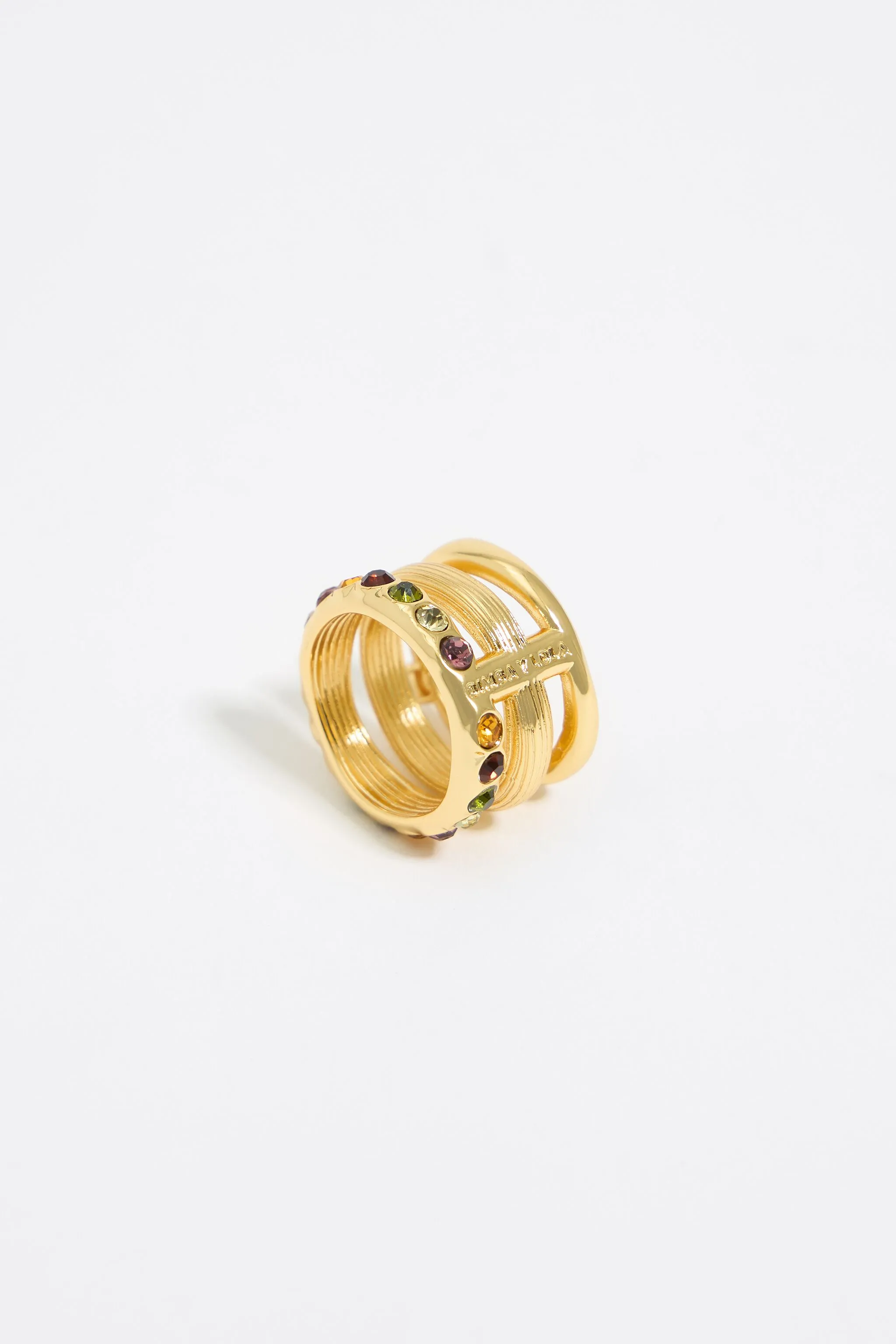 Anillo tres bandas perla y cristales dorado
