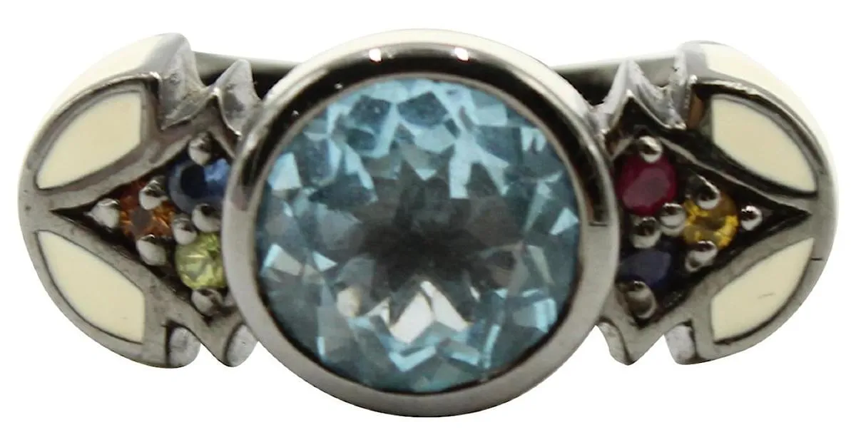 Autre Marque Anillo de topacio azul y esmalte de marfil 