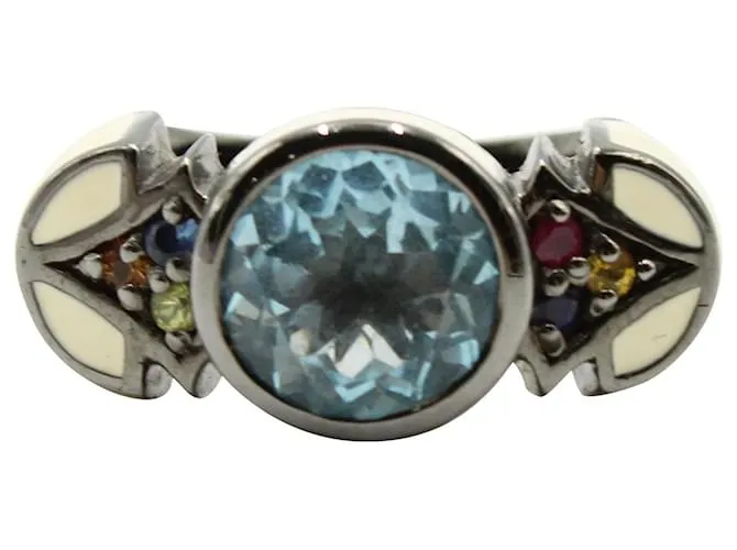 Autre Marque Anillo de topacio azul y esmalte de marfil 