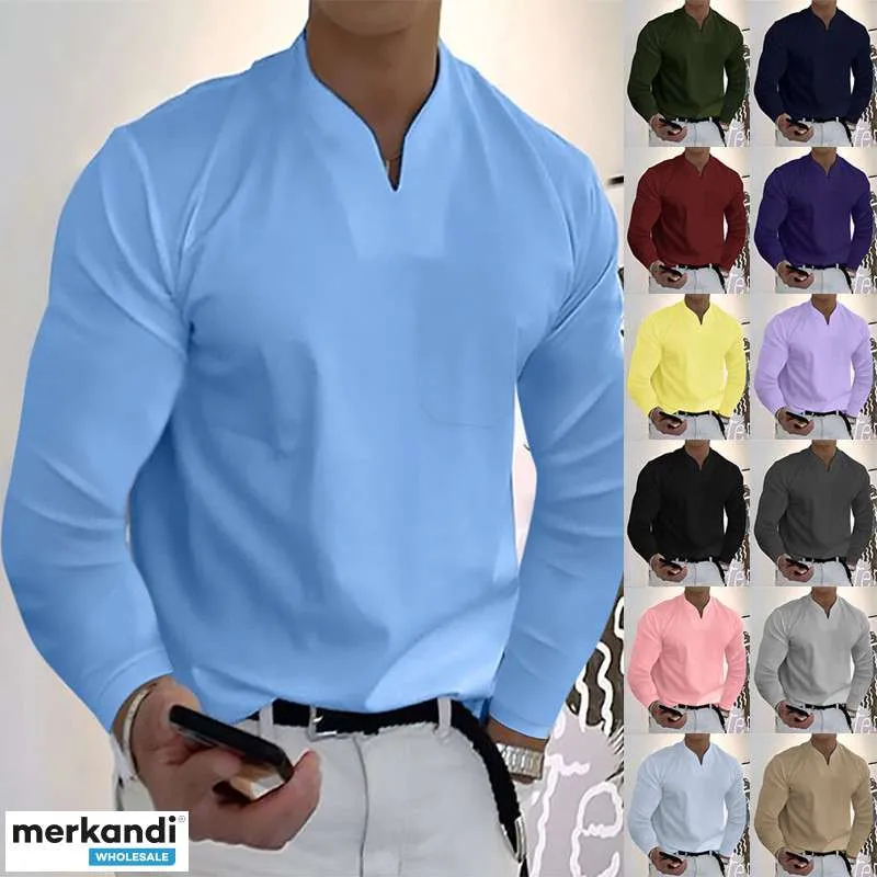 Camisas de manga larga con cuello en V de color sólido casual de moda masculina