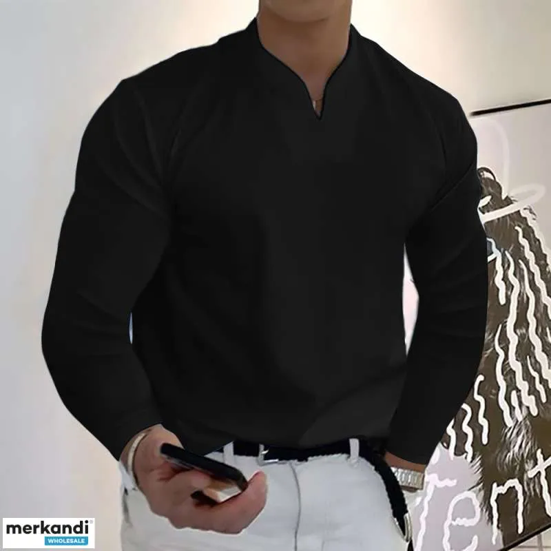 Camisas de manga larga con cuello en V de color sólido casual de moda masculina