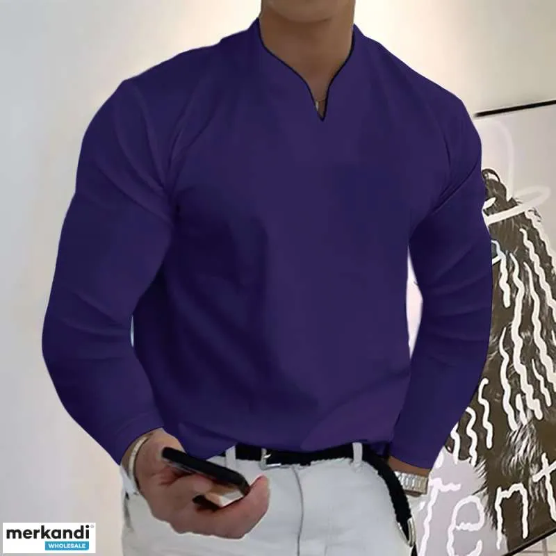 Camisas de manga larga con cuello en V de color sólido casual de moda masculina