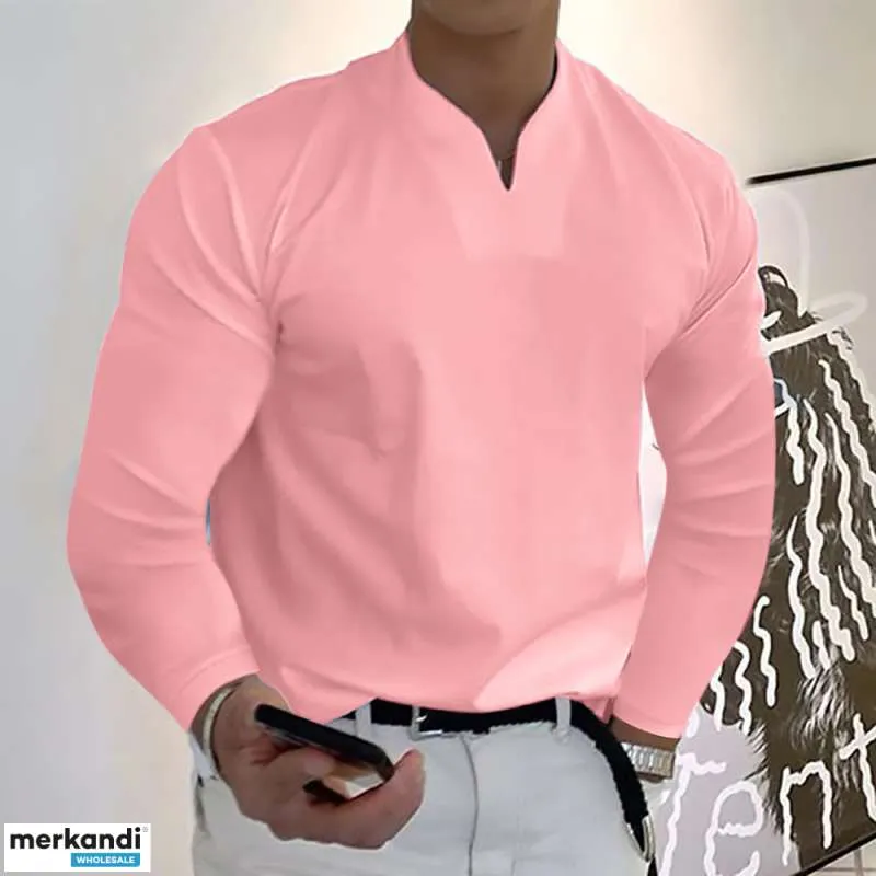 Camisas de manga larga con cuello en V de color sólido casual de moda masculina