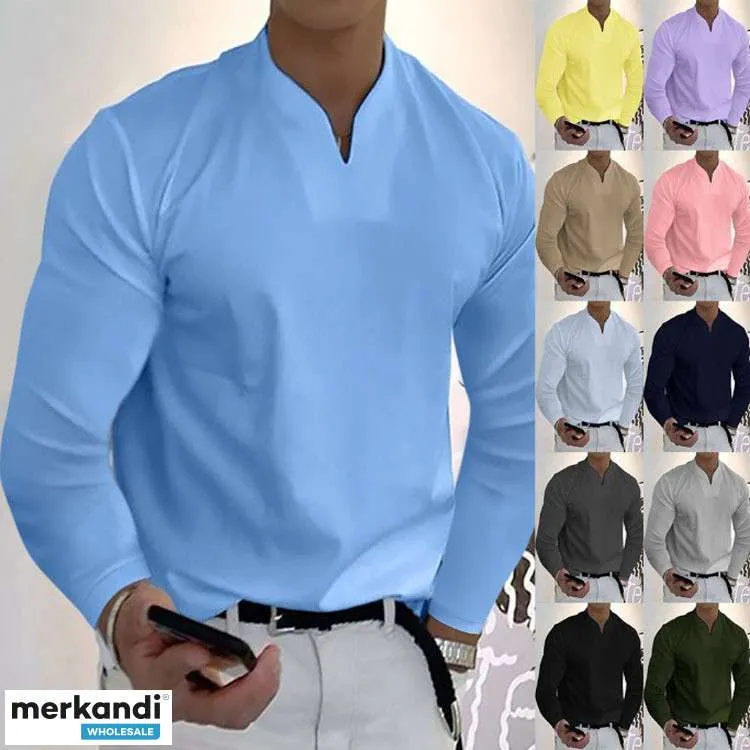 Camisas de manga larga con cuello en V de color sólido casual de moda masculina
