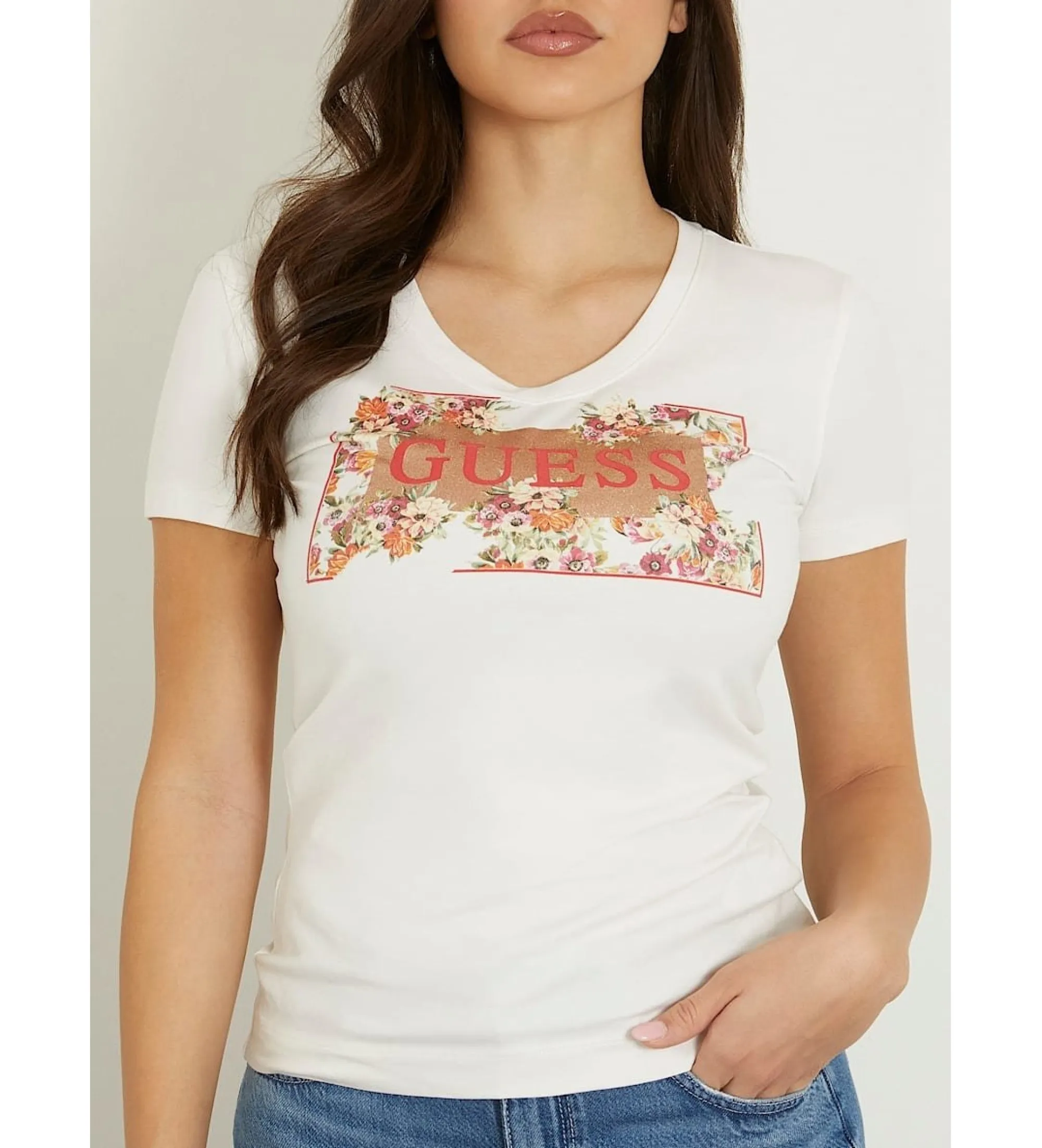 Camiseta elástica con logotipo floral blanco roto