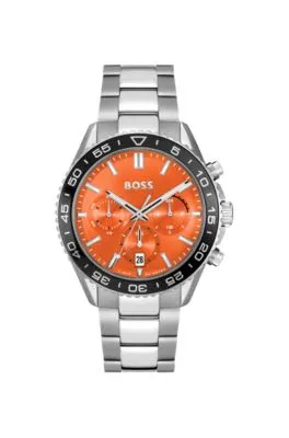 Cronógrafo con esfera naranja y pulsera de eslabones
