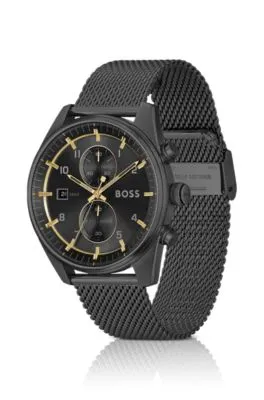 Cronógrafo con pulsera de malla negra y esfera tonal