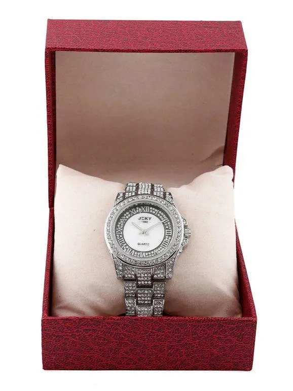 Jcky Reloj de pulsera con correa de acero y diamantes de imitación.