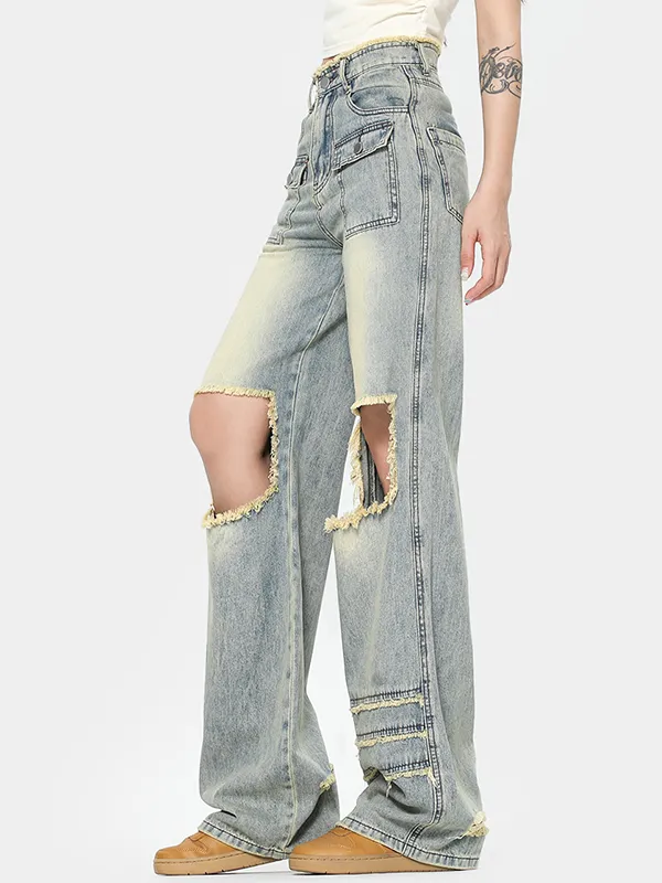 Jeans rasgados blancos pulidos con rodilla expuesta y pierna recta retro americano