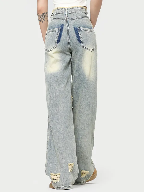 Jeans rasgados blancos pulidos con rodilla expuesta y pierna recta retro americano