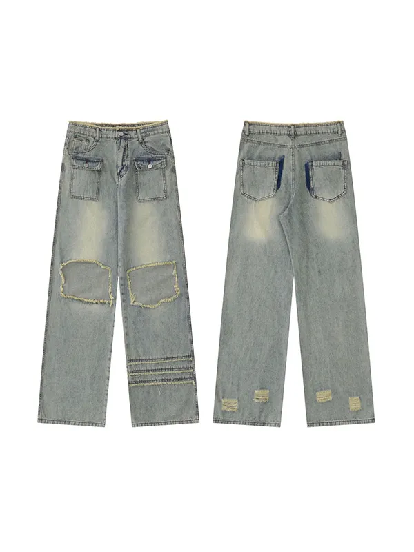 Jeans rasgados blancos pulidos con rodilla expuesta y pierna recta retro americano