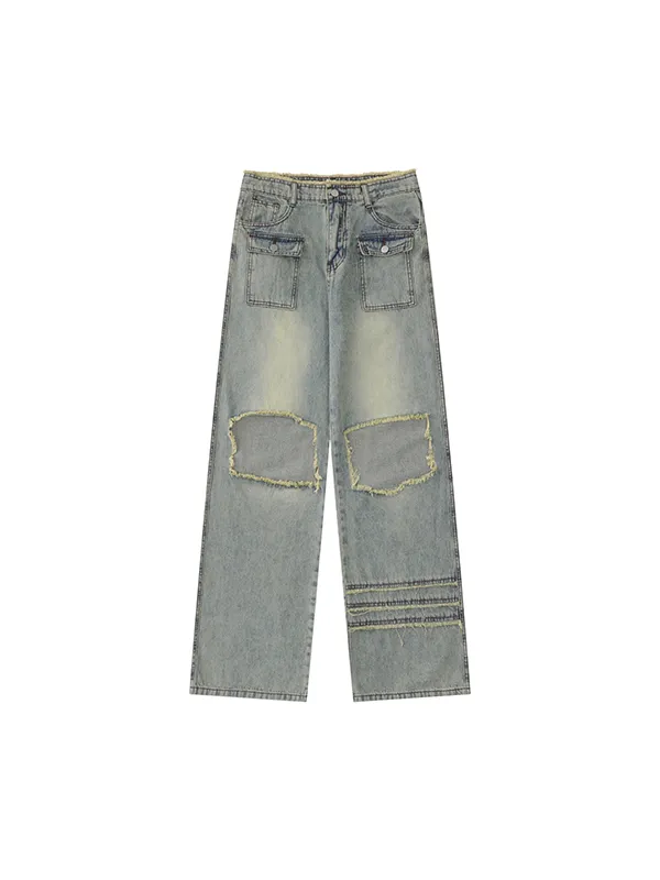 Jeans rasgados blancos pulidos con rodilla expuesta y pierna recta retro americano