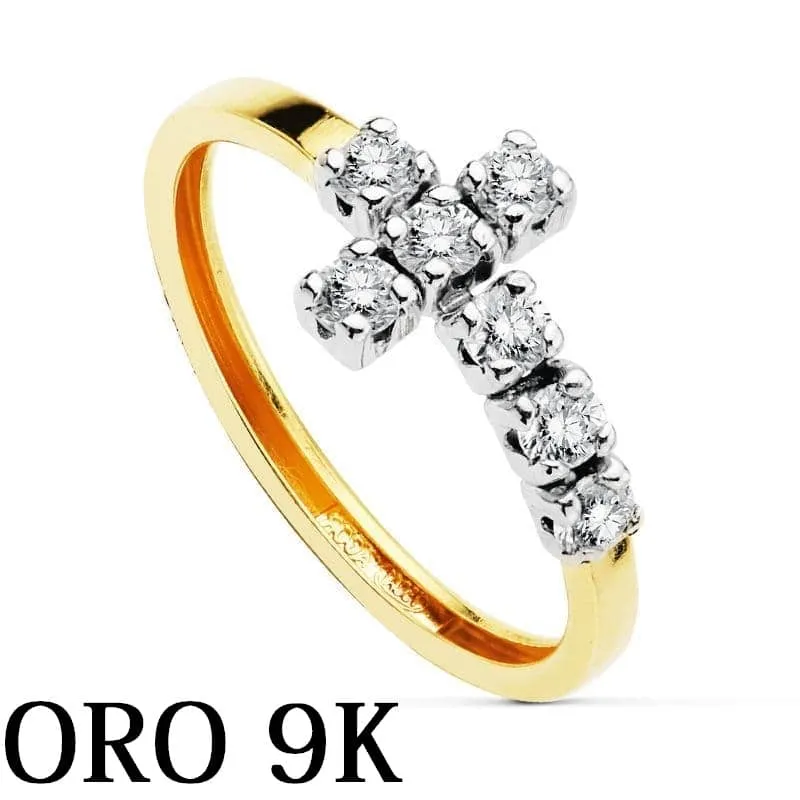 Oro 9k Anillo cruz bicolor
