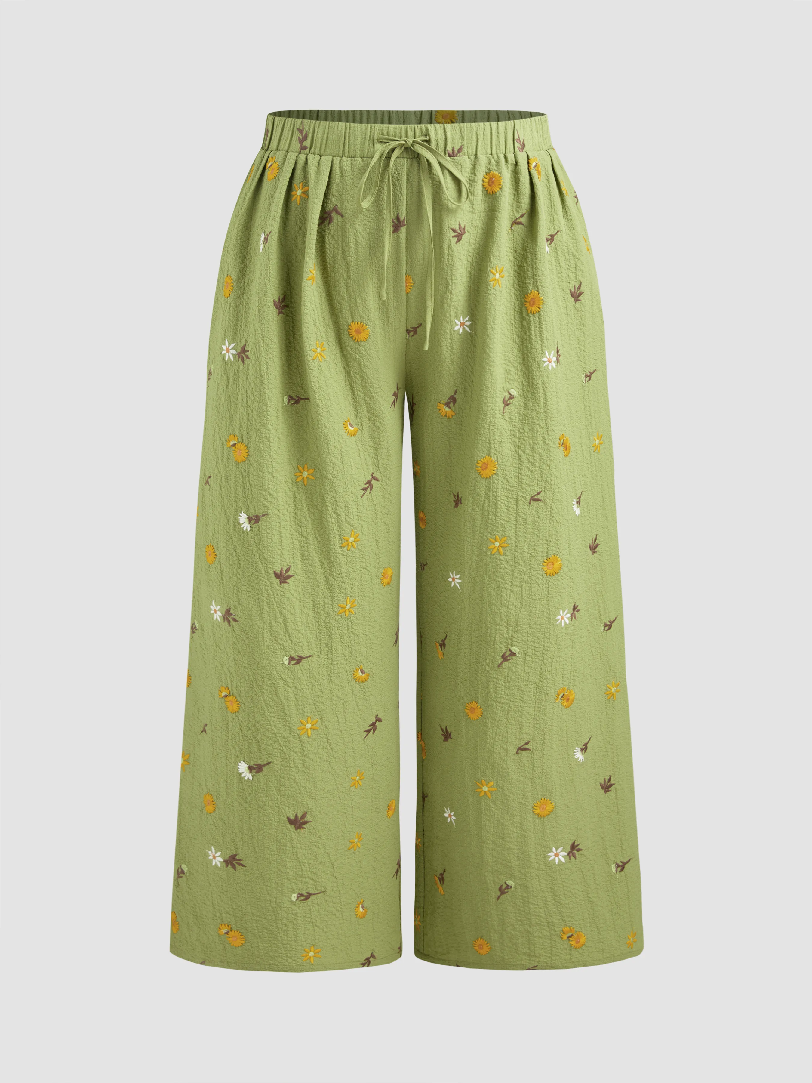 Pantalón Ancho de Cintura Elástica con Bordado Floral y Bolsillos Curvy