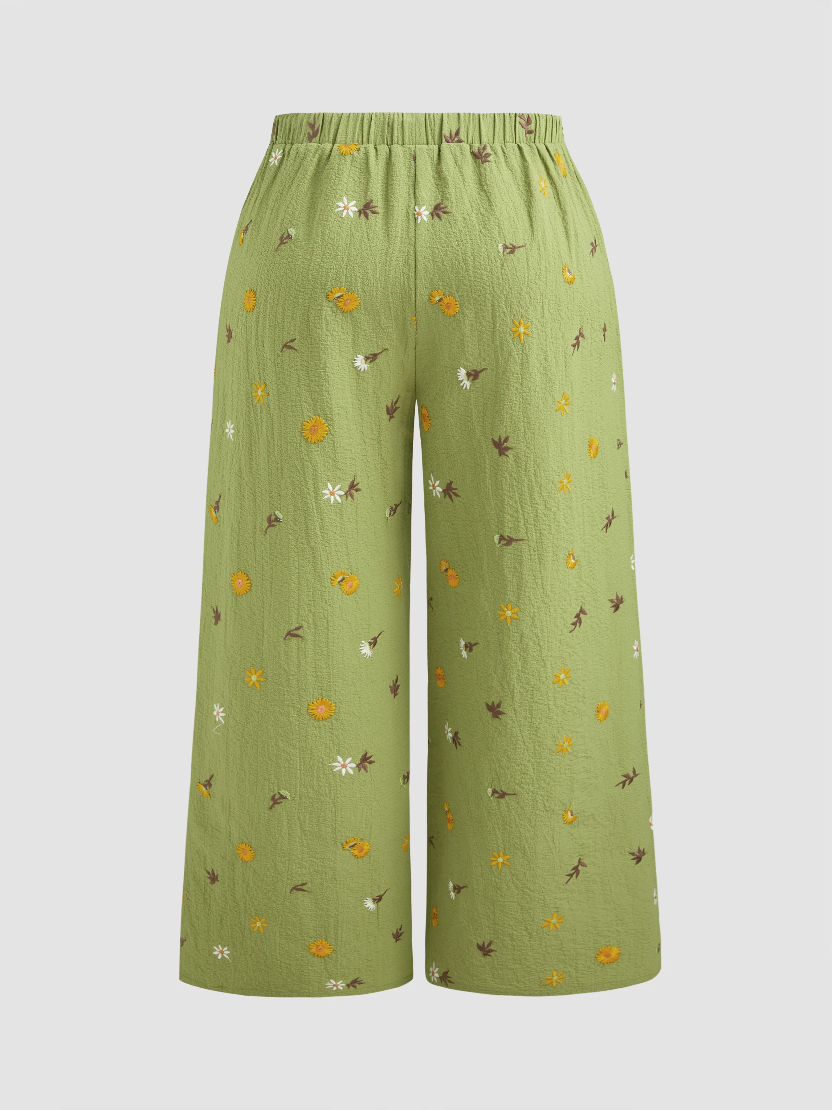 Pantalón Ancho de Cintura Elástica con Bordado Floral y Bolsillos Curvy
