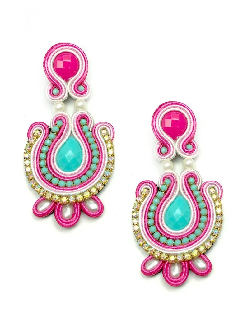 PENDIENTES BISUTERIA DE FLAMENCA LARGOS ROSAS Y TURQUESAS CON PEDRERIA