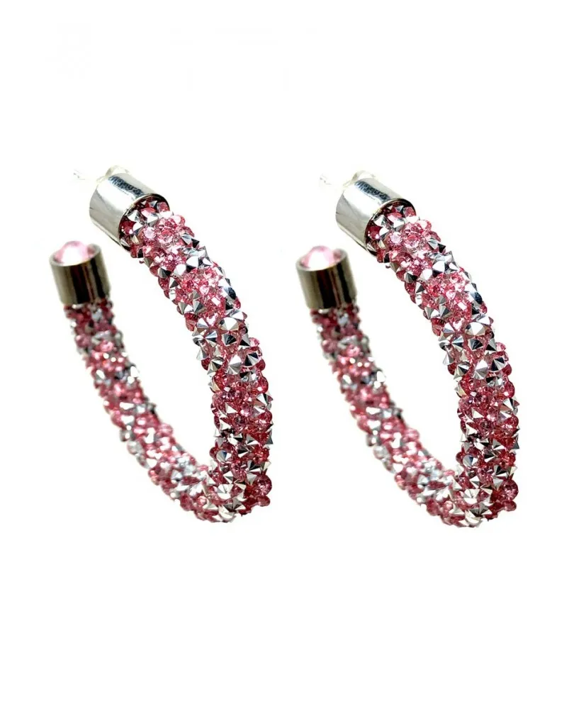PENDIENTES DE ARO COLOR ROSA DE CRISTALES