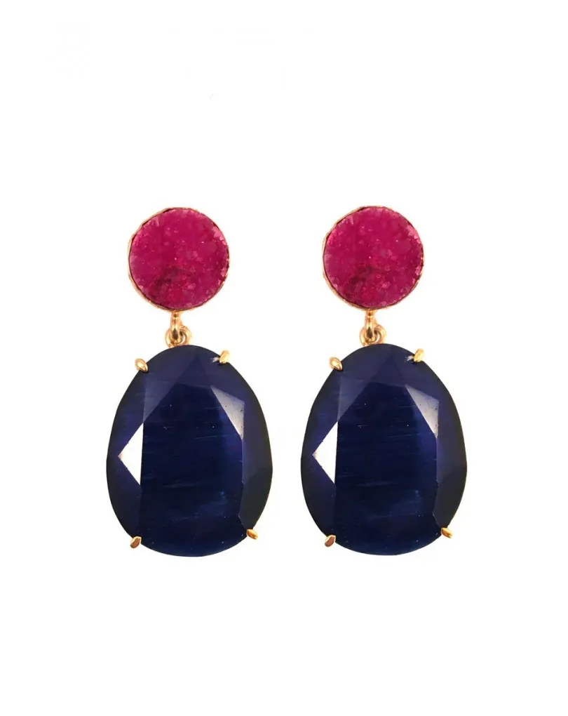 PENDIENTES DE PIEDRA NATURAL COLOR  AZULON Y FUCSIA