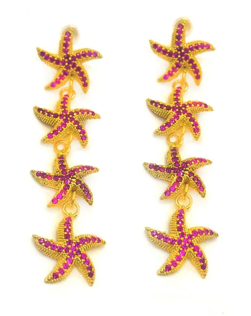PENDIENTES ESTRELLAS DE MAR FUCSIA EN FORMA DE LÁGRIMA BAÑADOS EN ORO
