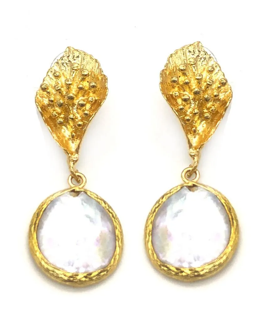 PENDIENTES LARGOS HOJITA EN ORO Y PIEDRA LUNA