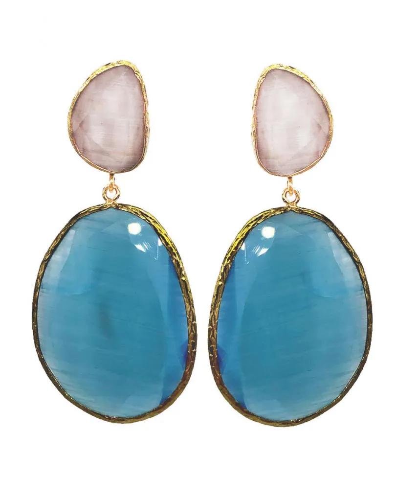 PENDIENTES MUJER LARGOS AZULES Y BLANCOS CON DOBLE LÁGRIMA OVAL EN BAÑO DE ORO