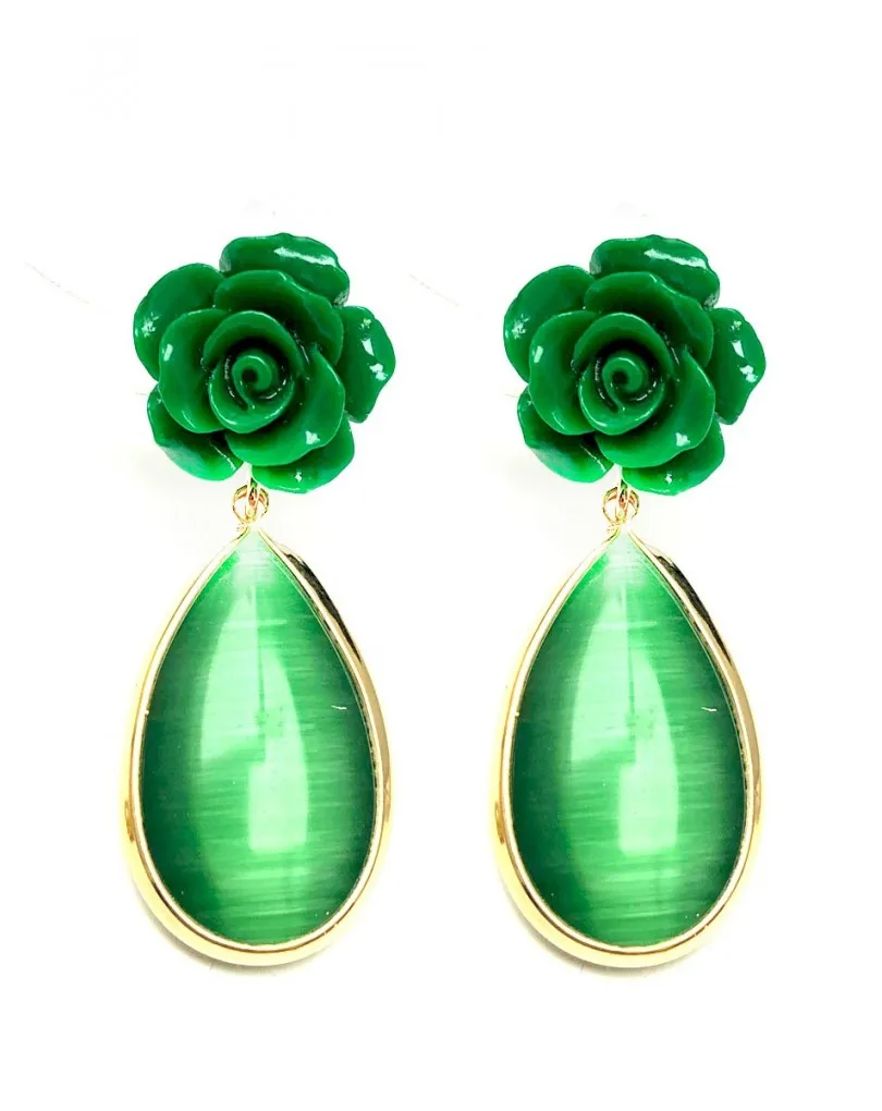 PENDIENTES VERDES DE PIEDRA NATURAL Y FLORES
