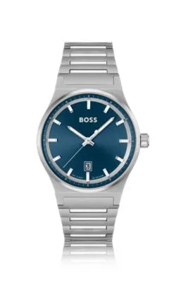 Reloj con esfera azul y pulsera de eslabones de acero inoxidable