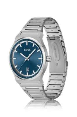 Reloj con esfera azul y pulsera de eslabones de acero inoxidable