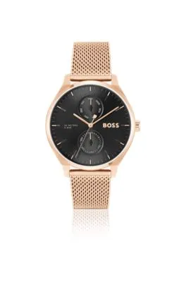 Reloj con esfera negra y pulsera de malla en tono oro rosa
