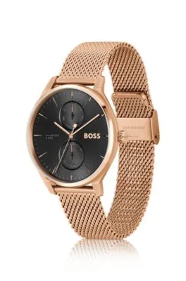 Reloj con esfera negra y pulsera de malla en tono oro rosa