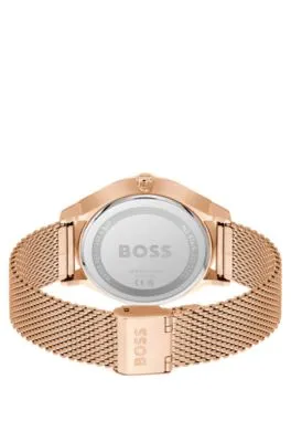 Reloj con esfera negra y pulsera de malla en tono oro rosa