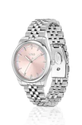 Reloj con pulsera de eslabones abovedados e incrustación de nácar