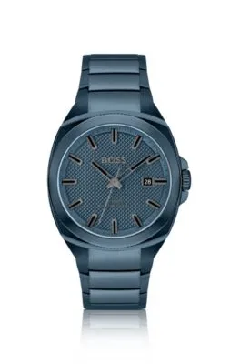 Reloj con pulsera de eslabones azules y esfera en guilloché tonal