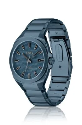 Reloj con pulsera de eslabones azules y esfera en guilloché tonal