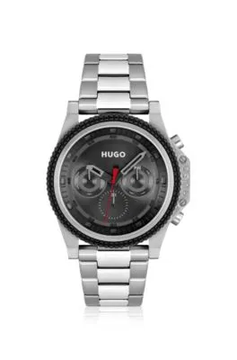 Reloj con pulsera de eslabones, bisel de silicona y esfera negra