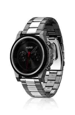 Reloj con pulsera de eslabones, bisel de silicona y esfera negra