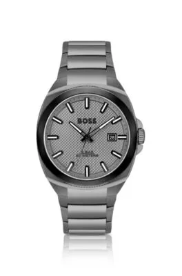 Reloj con pulsera de eslabones grises y esfera en guilloché tonal