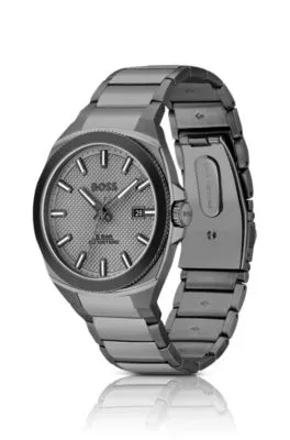 Reloj con pulsera de eslabones grises y esfera en guilloché tonal