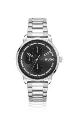 Reloj de esfera negra con pulsera de eslabones de acero inoxidable