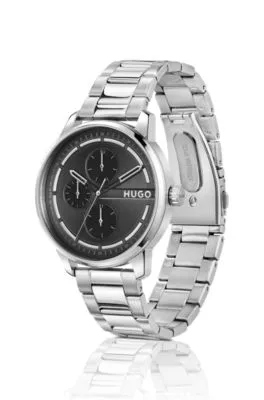 Reloj de esfera negra con pulsera de eslabones de acero inoxidable