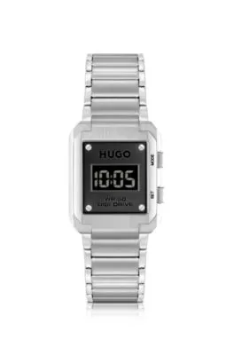 Reloj digital con pulsera de eslabones y esfera negra